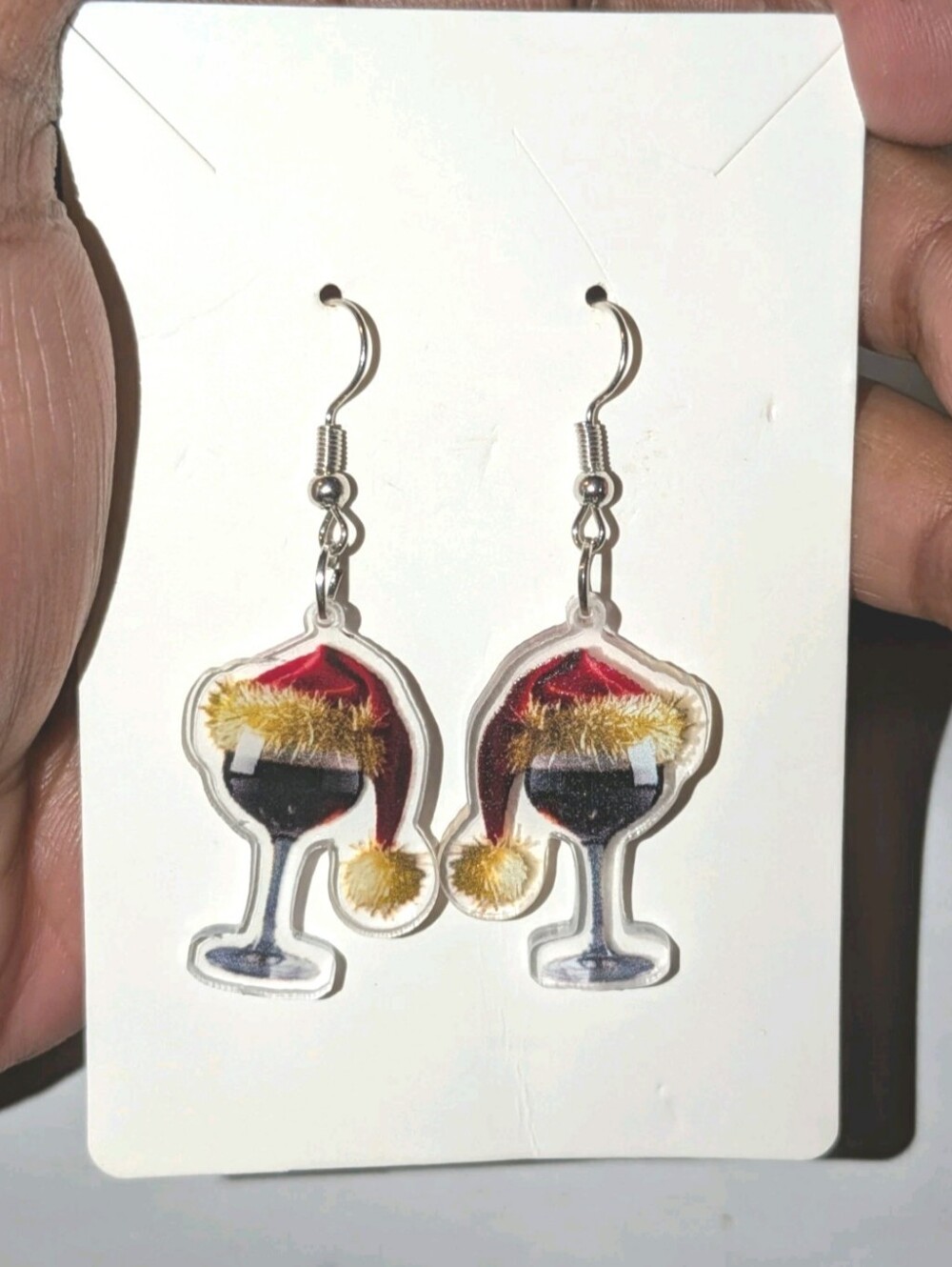 Hand Crafted Holiday Wine Glass Santa Hat Acrylic Dangle Earrings - Picture 4 of 6